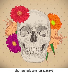 Vintage Card with Skull and Flowers on Beige Background. Day of the Death. Colorful vector illustration.