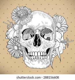 Vintage Card with Skull and Flowers on Beige Background. Day of the Death. Colorful vector illustration.