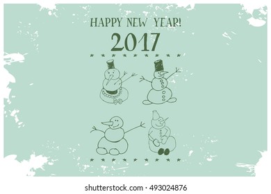 Vintage Card Snowman vector illustration. Winter character on holiday background with snowflakes and text Happy New Year 2017