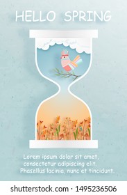 Vintage card spring with colorful Bird on tree branches in hourglass paper cut style. Vector illustration.