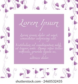 Vintage card with square frame and pink vine leaves. Invitation card for holiday, birthday, wedding.