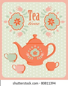vintage card with tea pot. vector illustration
