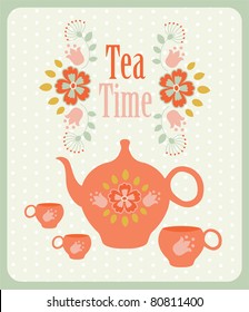 vintage card with tea pot. vector illustration