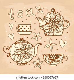 Vintage card. Tea set of elements for design.