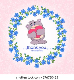 Vintage card with Teddy-bear, floral circle and text "Thank you. Remember me".