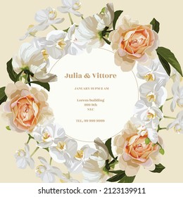 Vintage card template with a bouquet of white orchid, roses flowers and leaves on a white background.  Isolated illustration.