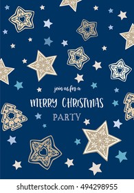 Vintage card template with christmas cookies on the blue background. Vector illustration.