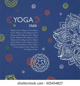 Vintage card template with mandala ornament, crown and sacral chakras. Concept for yoga studio, beauty salon, spa. Flyer, banner, card template, vector illustration.