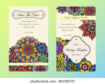Vintage card template. Wedding invitation, card for your business and creative. Hand drawn doodle mandala elements. Floral pattern background. Indian, turkish, arabic style greeting card.