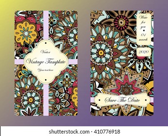 Vintage card template. Wedding invitation, card for your business and creative. Hand drawn doodle mandala elements. Floral pattern background. Indian, turkish, arabic style greeting card.