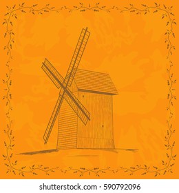 Vintage card template with windmill - vector illustration

