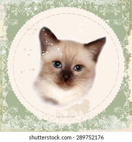 Vintage card with thai kitten. Imitation of watercolor painting. 