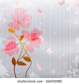 vintage card as transparency pink flowers with butterfly on abstract gray grunge background