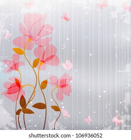 vintage card as transparency pink flowers with butterfly on abstract gray grunge background