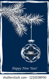Vintage card. Transparent Christmas ball of snowflakes hanging on a branch of spruce. Dark blue background. vector illustration