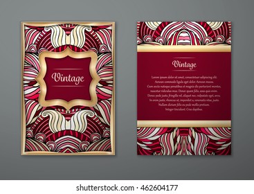 Vintage card with tribal abstract pattern and ornaments. Vector Flyer ethnic design Layout template. Gold frame. Front page and back page. Easy to use and edit.