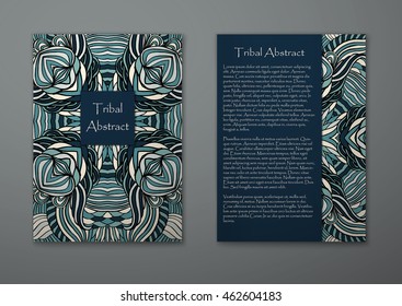 Vintage card with tribal abstract pattern and ornaments. Vector Flyer ethnic design Layout template. Front page and back page. Easy to use and edit.