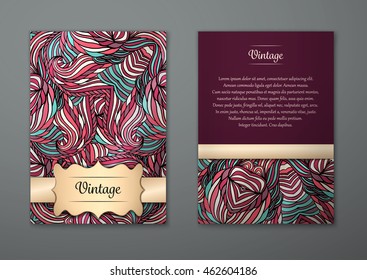 Vintage card with tribal abstract pattern and ornaments. Vector Flyer ethnic design Layout template. Front page and back page. Easy to use and edit.