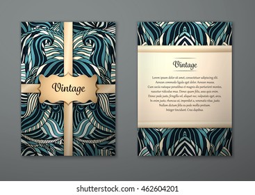 Vintage card with tribal abstract pattern and ornaments. Vector Flyer ethnic design Layout template. Front page and back page. Easy to use and edit.
