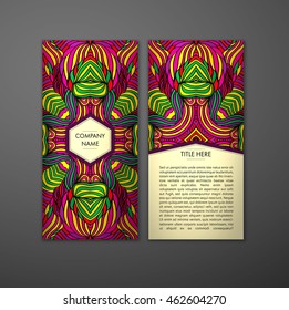 Vintage card with tribal abstract pattern and ornaments. Vector Flyer ethnic design Layout template. Front page and back page. Easy to use and edit.