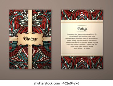 Vintage card with tribal abstract pattern and ornaments. Vector Flyer ethnic design Layout template. Front page and back page. Easy to use and edit.