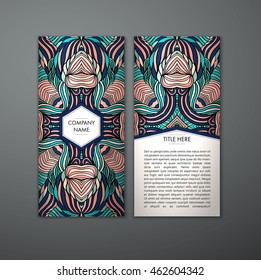 Vintage card with tribal abstract pattern and ornaments. Vector Flyer ethnic design Layout template. Front page and back page. Easy to use and edit.