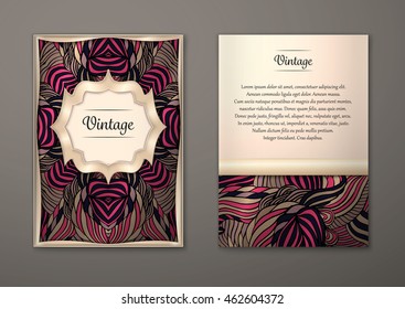 Vintage card with tribal abstract pattern and ornaments. Vector Flyer ethnic design Layout template. Gold frame. Front page and back page. Easy to use and edit.