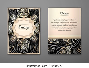 Vintage card with tribal abstract pattern and ornaments. Vector Flyer ethnic design Layout template. Gold frame. Front page and back page. Easy to use and edit.