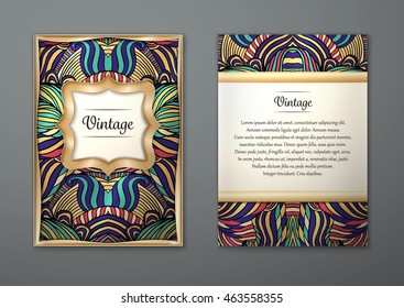 Vintage card with tribal abstract pattern and ornaments. Vector Flyer ethnic design Layout template. Gold frame. Front page and back page. Easy to use and edit.