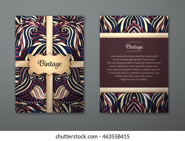 Vintage card with tribal abstract pattern and ornaments. Vector Flyer ethnic design Layout template. Front page and back page. Easy to use and edit.
