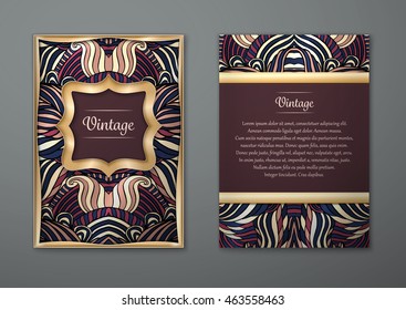 Vintage card with tribal abstract pattern and ornaments. Vector Flyer ethnic design Layout template. Gold frame. Front page and back page. Easy to use and edit.