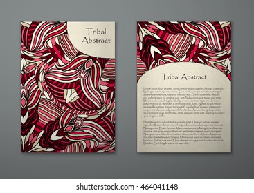 Vintage card with tribal abstract pattern and ornaments. Vector Flyer ethnic design Layout template. Front page and back page. Easy to use and edit.