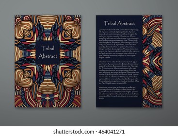 Vintage card with tribal abstract pattern and ornaments. Vector Flyer ethnic design Layout template. Front page and back page. Easy to use and edit.