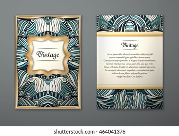 Vintage card with tribal abstract pattern and ornaments. Vector Flyer ethnic design Layout template. Gold frame. Front page and back page. Easy to use and edit.