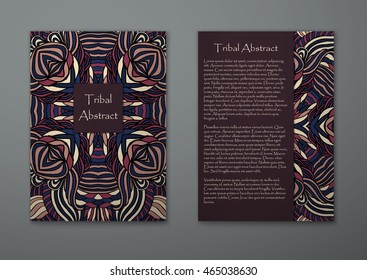Vintage card with tribal abstract pattern and ornaments. Vector Flyer ethnic design Layout template. Front page and back page. Easy to use and edit.