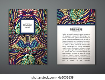 Vintage card with tribal abstract pattern and ornaments. Vector Flyer ethnic design Layout template. Front page and back page. Easy to use and edit.