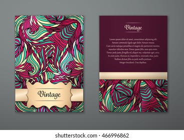 Vintage card with tribal abstract pattern and ornaments. Vector Flyer ethnic design Layout template. Front page and back page. Easy to use and edit.