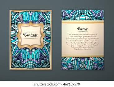 Vintage card with tribal abstract pattern and ornaments. Vector Flyer ethnic design Layout template. Gold frame. Front page and back page. Easy to use and edit.