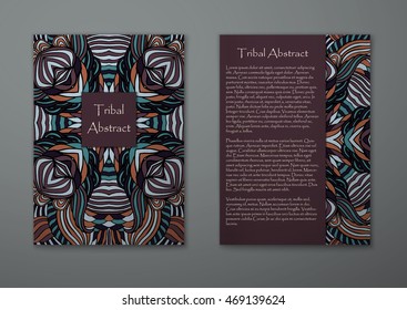 Vintage card with tribal abstract pattern and ornaments. Vector Flyer ethnic design Layout template. Front page and back page. Easy to use and edit.