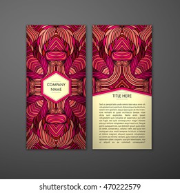 Vintage card with tribal abstract pattern and ornaments. Vector Flyer ethnic design Layout template. Front page and back page. Easy to use and edit.
