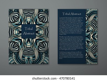 Vintage card with tribal abstract pattern and ornaments. Vector Flyer ethnic design Layout template. Front page and back page. Easy to use and edit.