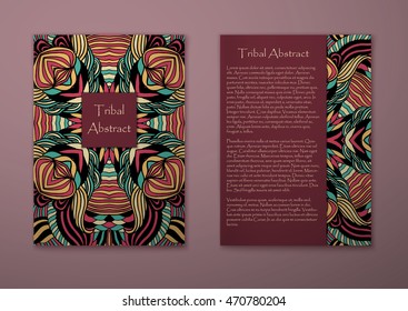 Vintage card with tribal abstract pattern and ornaments. Vector Flyer ethnic design Layout template. Front page and back page. Easy to use and edit.
