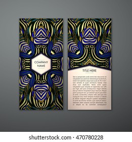 Vintage card with tribal abstract pattern and ornaments. Vector Flyer ethnic design Layout template. Front page and back page. Easy to use and edit.