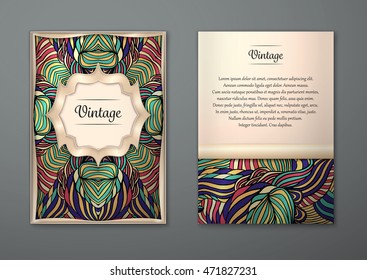 Vintage card with tribal abstract pattern and ornaments. Vector Flyer ethnic design Layout template. Gold frame. Front page and back page. Easy to use and edit.