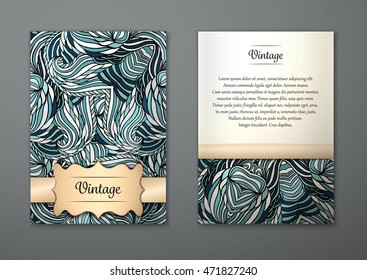 Vintage card with tribal abstract pattern and ornaments. Vector Flyer ethnic design Layout template. Front page and back page. Easy to use and edit.