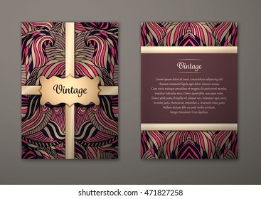 Vintage card with tribal abstract pattern and ornaments. Vector Flyer ethnic design Layout template. Front page and back page. Easy to use and edit.