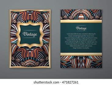 Vintage card with tribal abstract pattern and ornaments. Vector Flyer ethnic design Layout template. Gold frame. Front page and back page. Easy to use and edit.