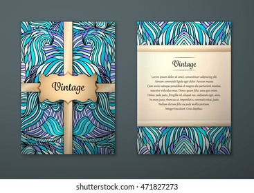 Vintage card with tribal abstract pattern and ornaments. Vector Flyer ethnic design Layout template. Front page and back page. Easy to use and edit.