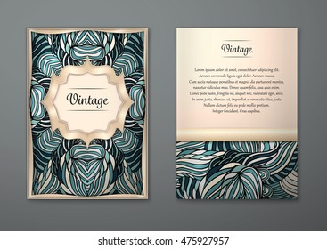 Vintage card with tribal abstract pattern and ornaments. Vector Flyer ethnic design Layout template. Gold frame. Front page and back page. Easy to use and edit.