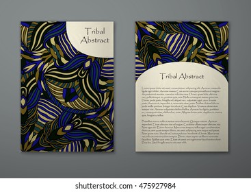 Vintage card with tribal abstract pattern and ornaments. Vector Flyer ethnic design Layout template. Front page and back page. Easy to use and edit.